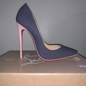 Christian louboutin’s denim material with pink strip and red bottom.